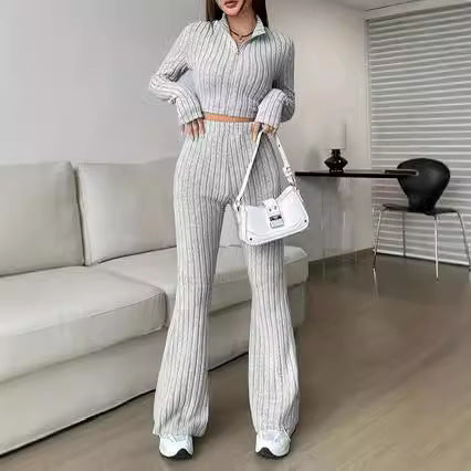 Dame Strik-Loungewear-Sæt med cropped top og løstsiddende bukser Stilla
