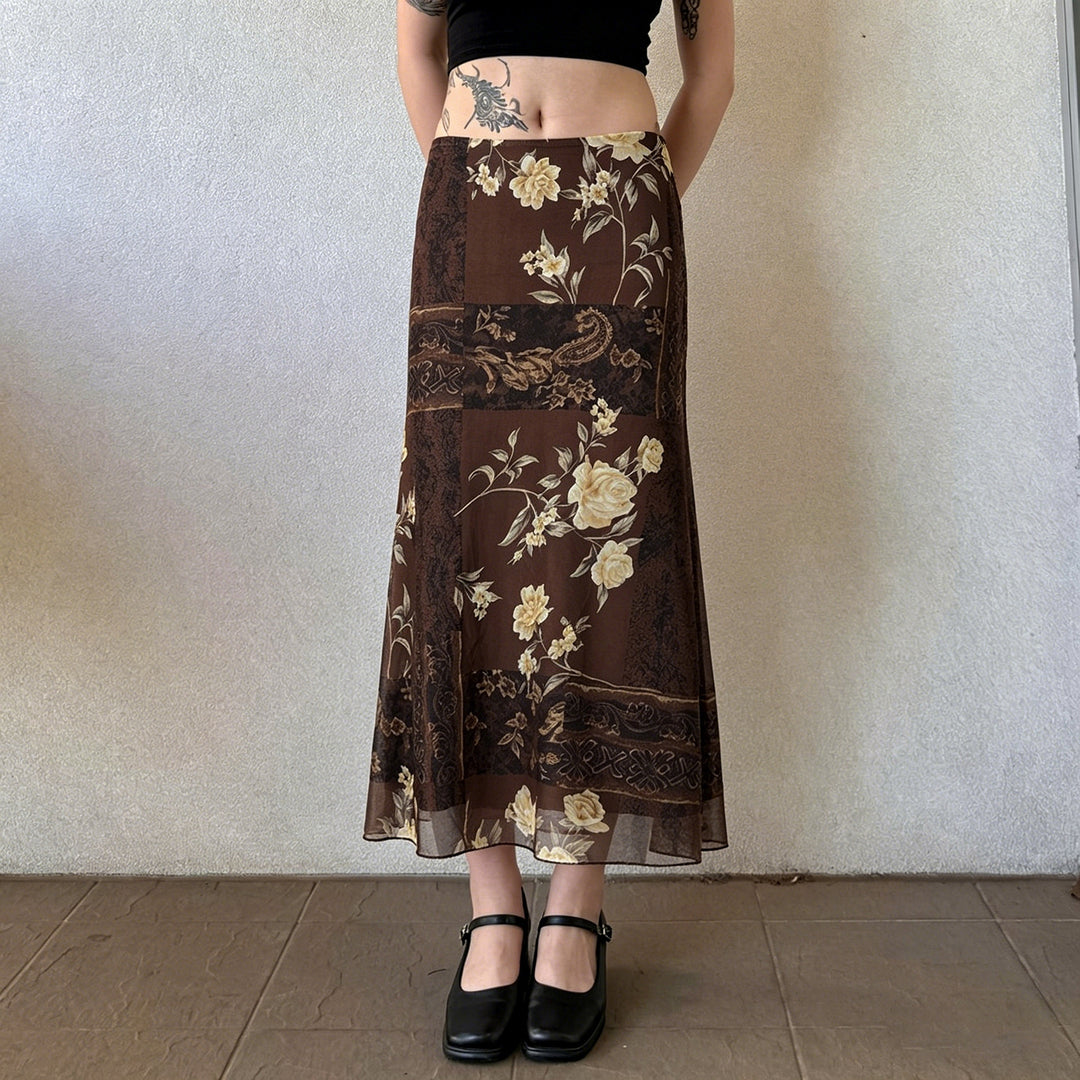 Dame Maxi Skirt med blomsterdesign og transparent chiffon overlay Skovae