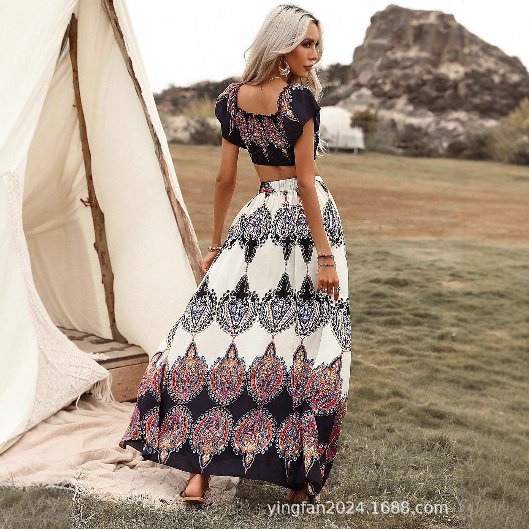 Dame Bohemian Crop Top og Maxi Skirt Sæt Stilla