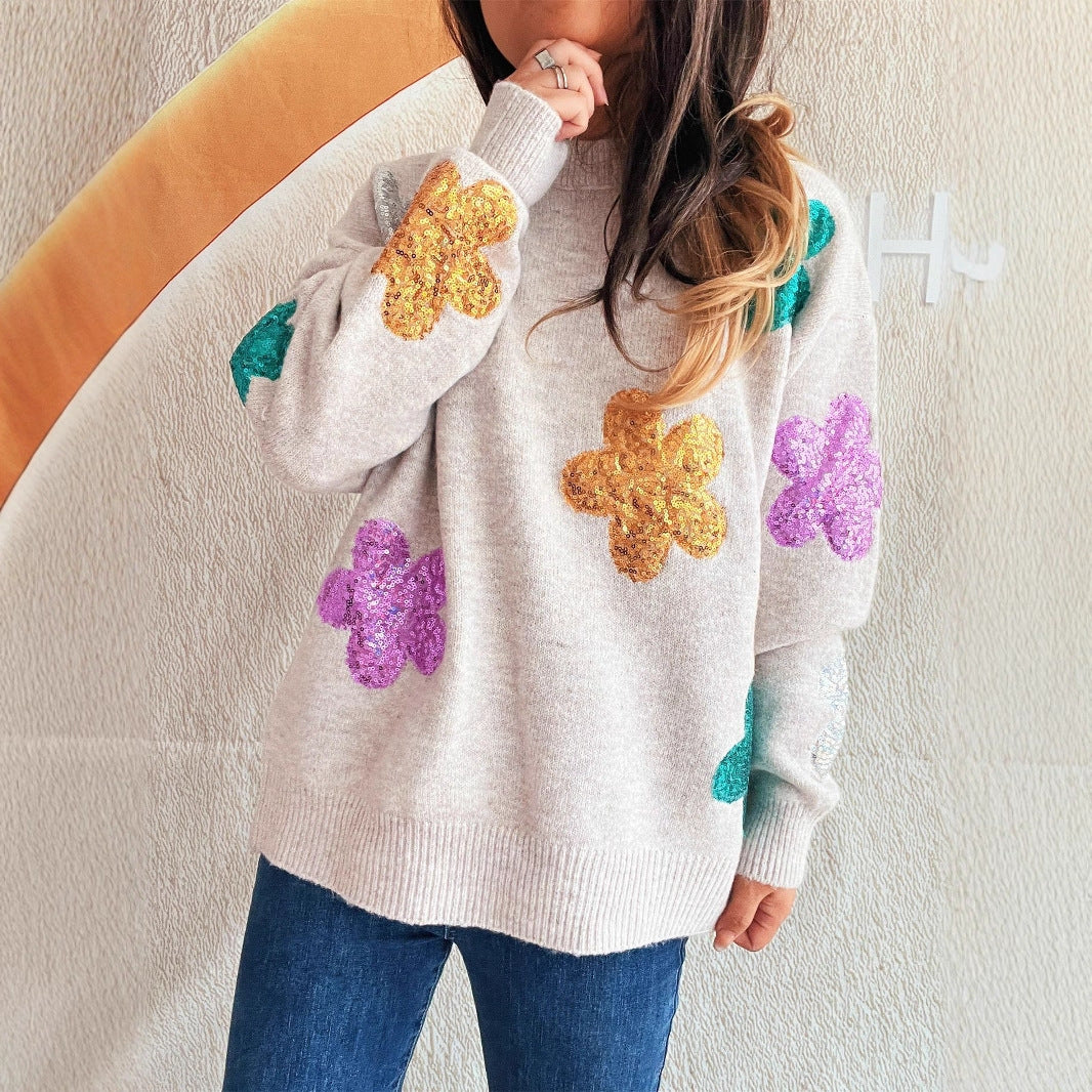 Kvinders sweater med farverige pailletblomster Stilla