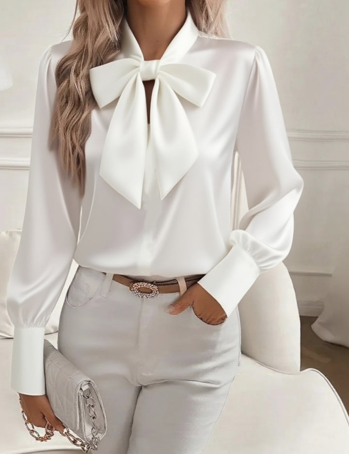 Dame elegant satinbluse med sløjfekrave og pufærmer Skovae