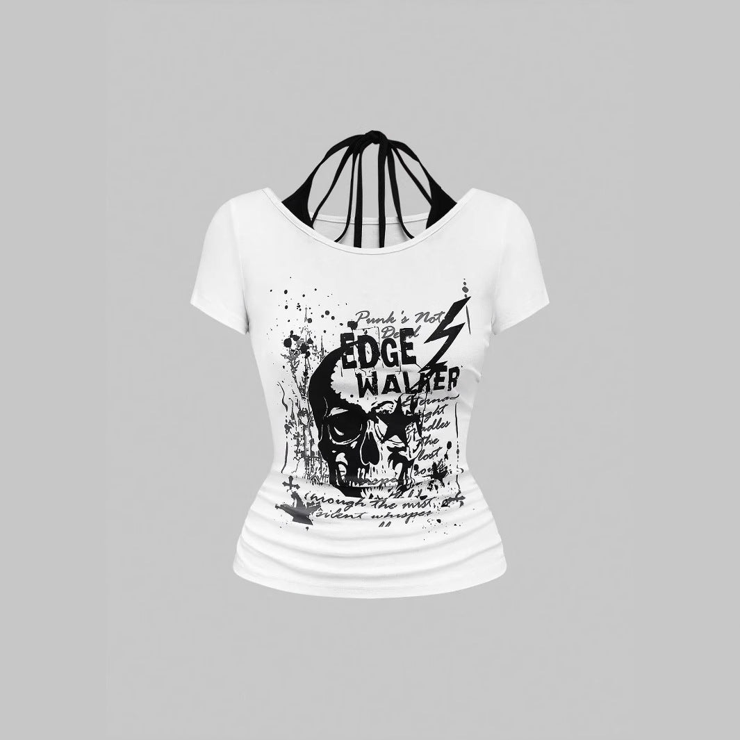 Dame kreativ grafik T-shirt med forførende ryggudskæring Skovae