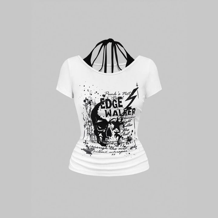 Dame kreativ grafik T-shirt med forførende ryggudskæring Skovae