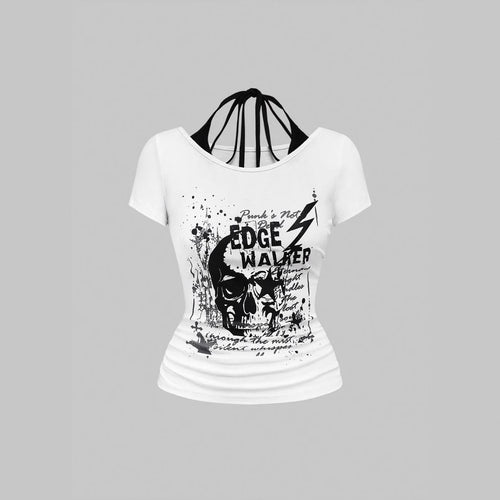 Dame kreativ grafik T-shirt med forførende ryggudskæring Skovae
