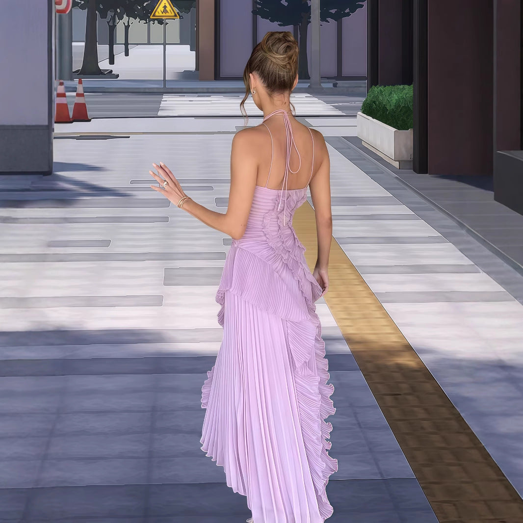 Dame Elegant Wrap Kjole med Flydende Plisseret Nederdel og Asymmetriske Rynkedetaljer