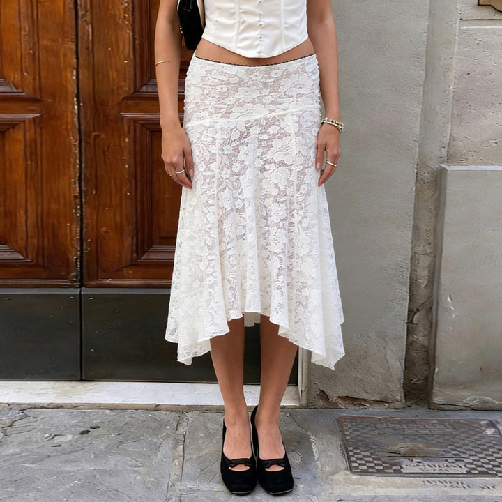Damen Spitzenrock mit asymmetrischem Schnitt und floralen Details Skovae