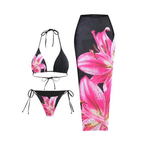 Dame Strand-Bikini med raffineret floral design og matchende lang sarong Stilla
