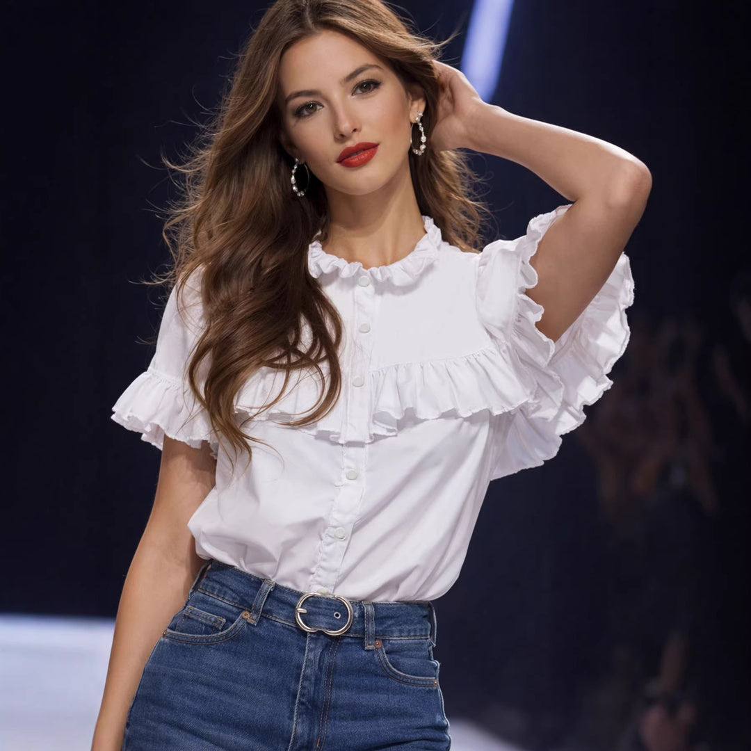 Damer Elegant Bluse med Flæse detaljer Skovae