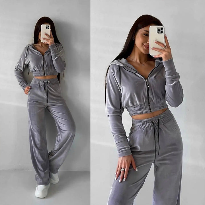 Kvinders afslappede fleece sæt med cropped top og brede bukser