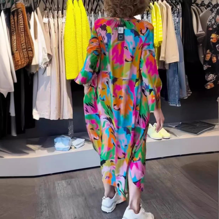 Dame nan Skjortebluse-Maxikjole med Pop-Art løveprint, knaplukning og stiklommer Skovae