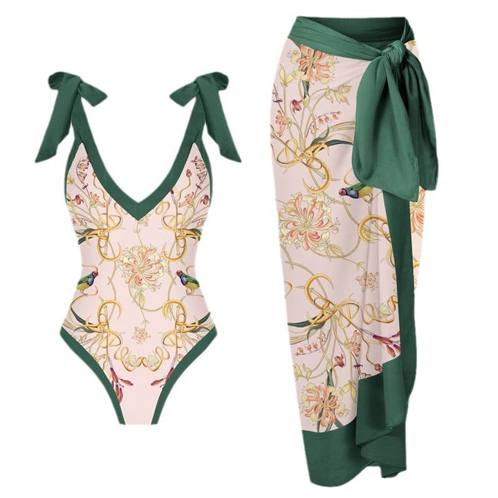 Dame blomsterprint rynkning monokini med omslags nederdel Stilla