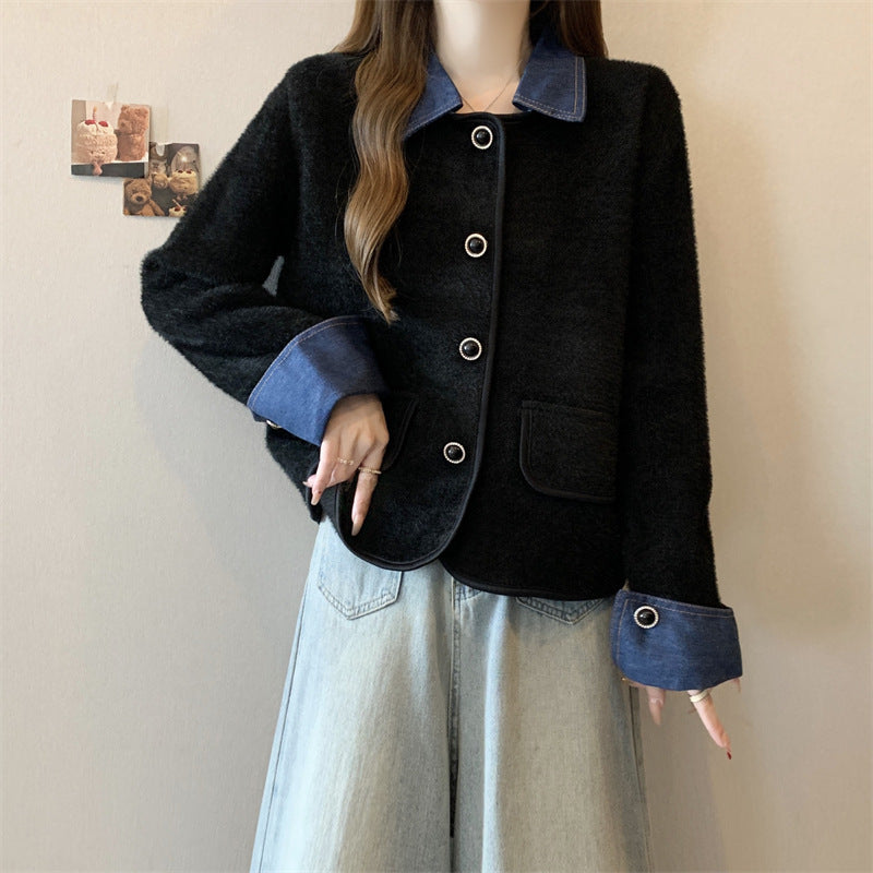 Dame hyggelig cardigan med kontrasterende denimærmer Stilla