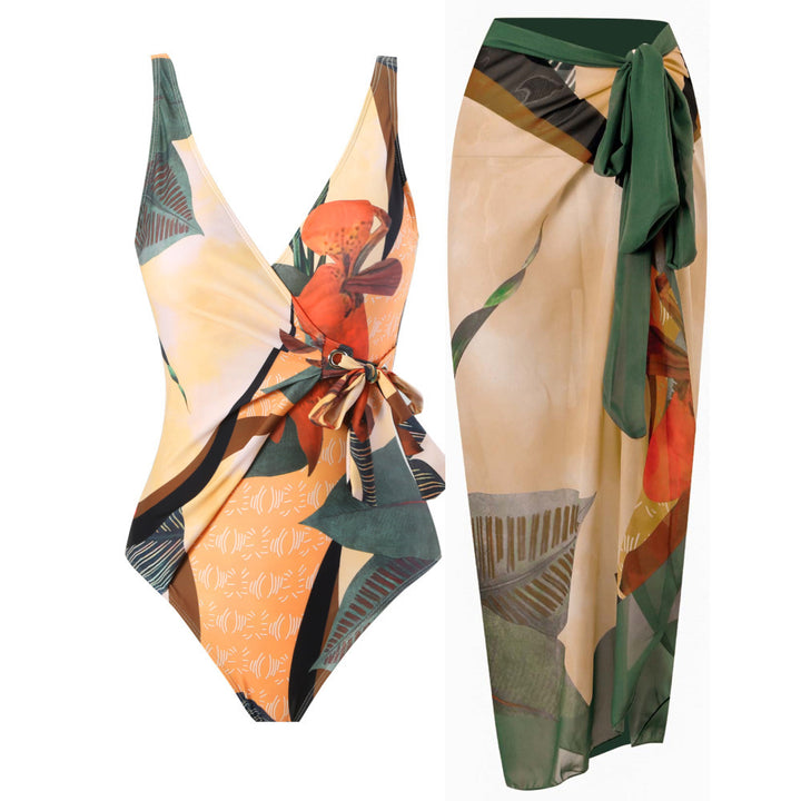 Dame badedragt med blomsterprint omslagskørt og feminint design Stilla