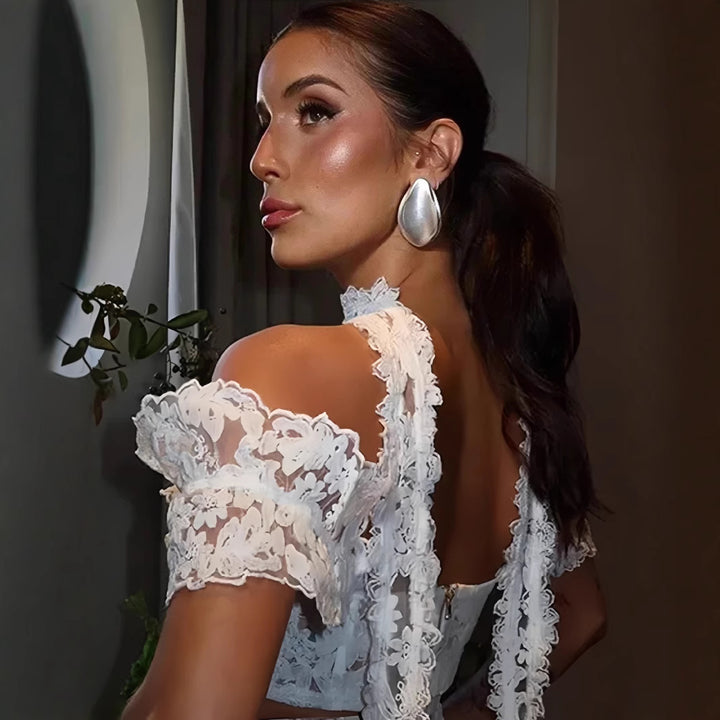 Damer Blonde Crop Top og Nederdel Sæt med Gennemsigtige Detaljer Skovae