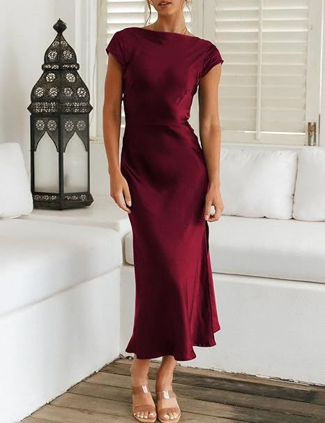 Dame Elegant Satin-Kjole med side Slids Stilla