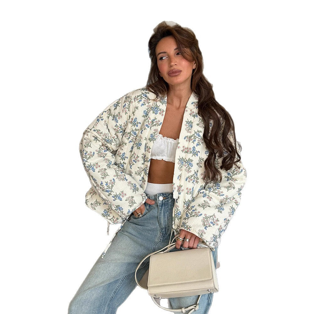 Damens quilted Jacquard cardigan med blomster mønster Stilla