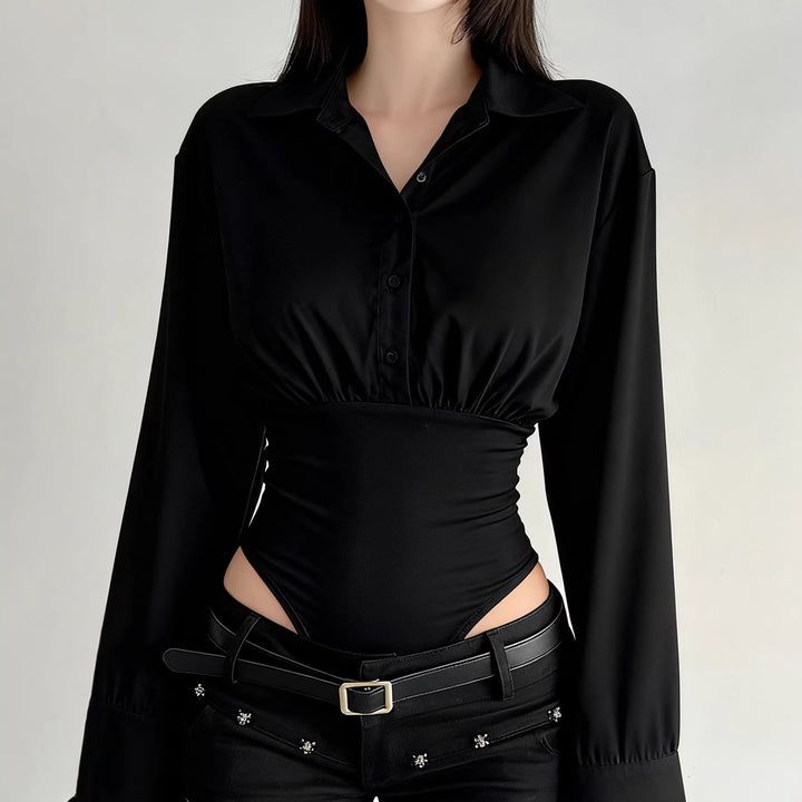 Dame elegant bodysuit med fin krave og knapdetaljer Skovae