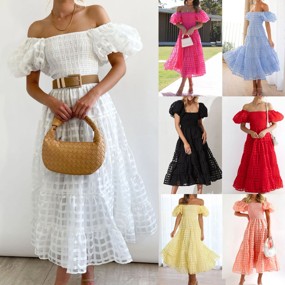 Dame Off-Shoulder Maxi-Kjole med Flæse og Ternet Mønster Stiila