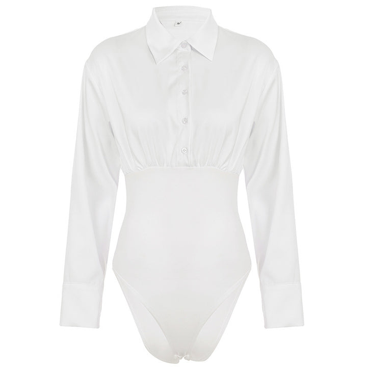 Dame elegant bodysuit med fin krave og knapdetaljer Skovae