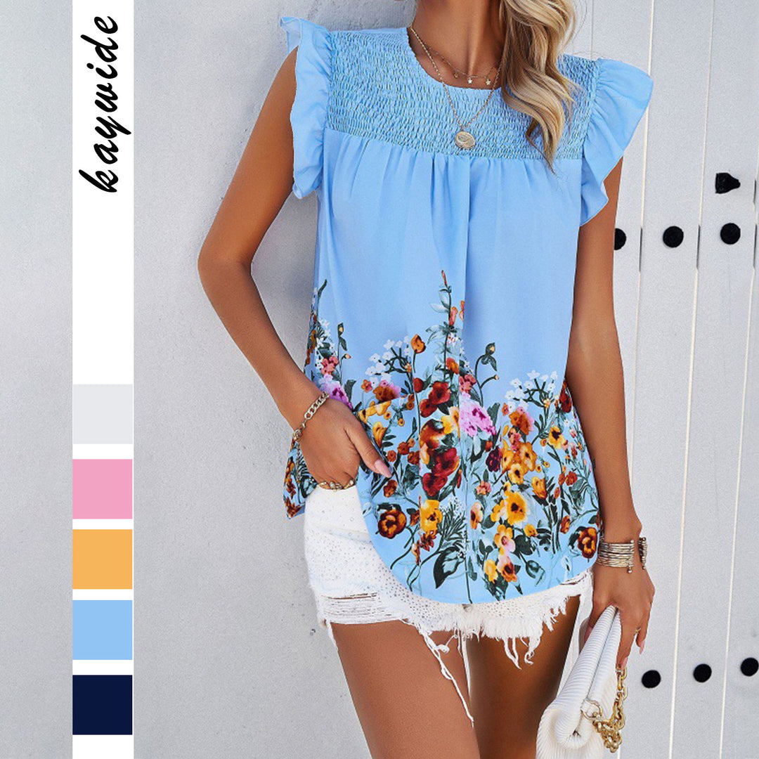 Dame blomster mønster bluse top med flæse detaljer Stilla