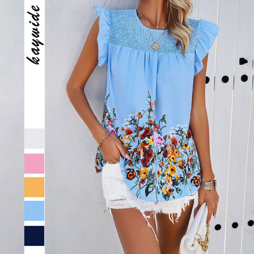 Dame blomster mønster bluse top med flæse detaljer Stilla