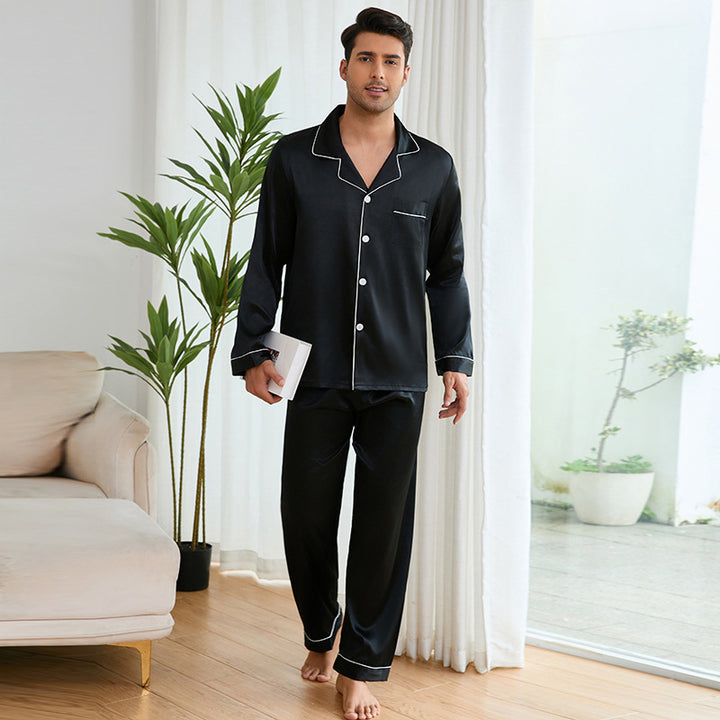 Herrer Satin Pyjamas Sæt med klassisk Krave og elegante Kontraststing Stilla