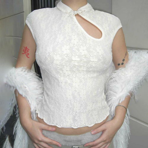 Damen Spitzenoberteil mit hochgeschlossenem Kragen und floralem Design Skovae