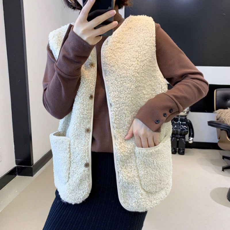 Damer teddy fleece vest med praktiske lommer og knaplukning Skovae
