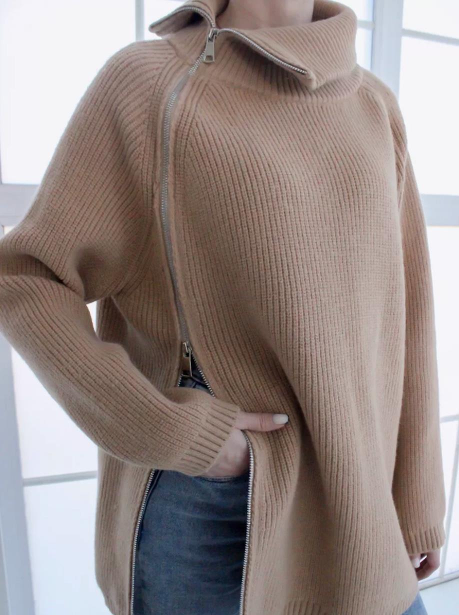 Dame afslappet strikpullover med asymmetrisk lynlås og stor krave Stilla