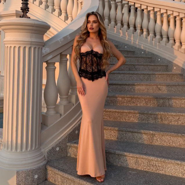Dame aften kjole med elegant bustier og blomsterprint spids top Skovae