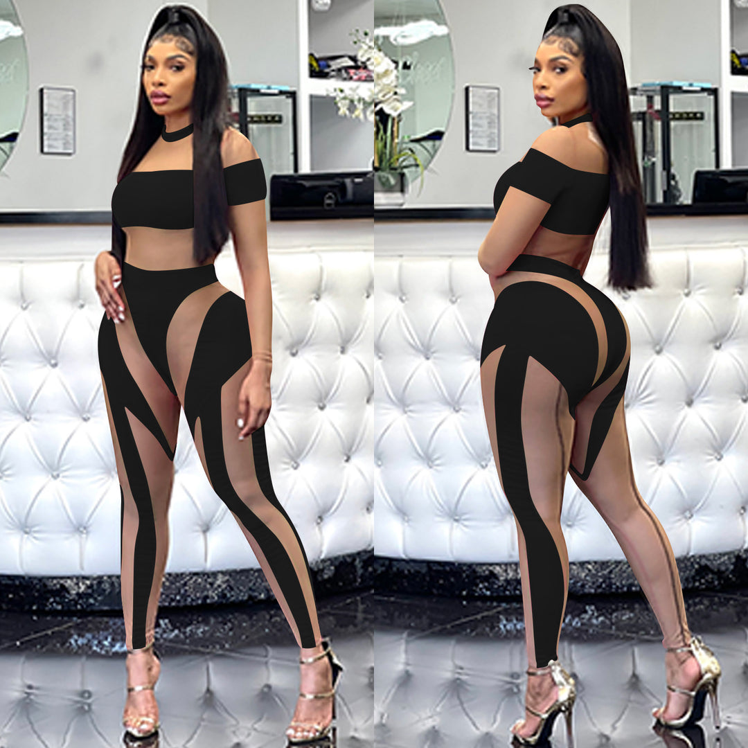 Dame Off-Shoulder Crop-Top og Leggings Sæt med transparente indsatser Stilla