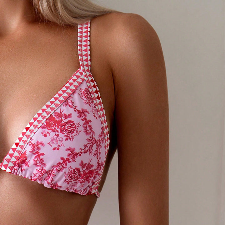 Dame triangel-bikini med blomsterdesign og raffinerede snorebånd Skovae