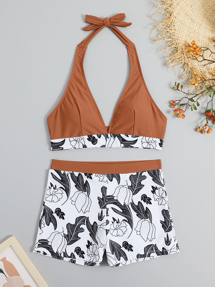 Dame Triangel-Bikini med blomsterdesign shorts