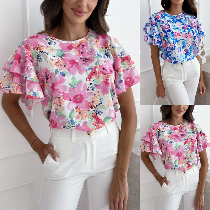 Dame Kortærmet Blomster Rüschenshirt Stilla