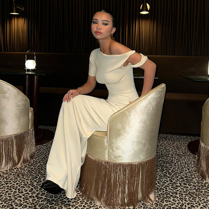 Femme Elegante En-Skulder Maxi Kjole med Draperet Detalje Stilla