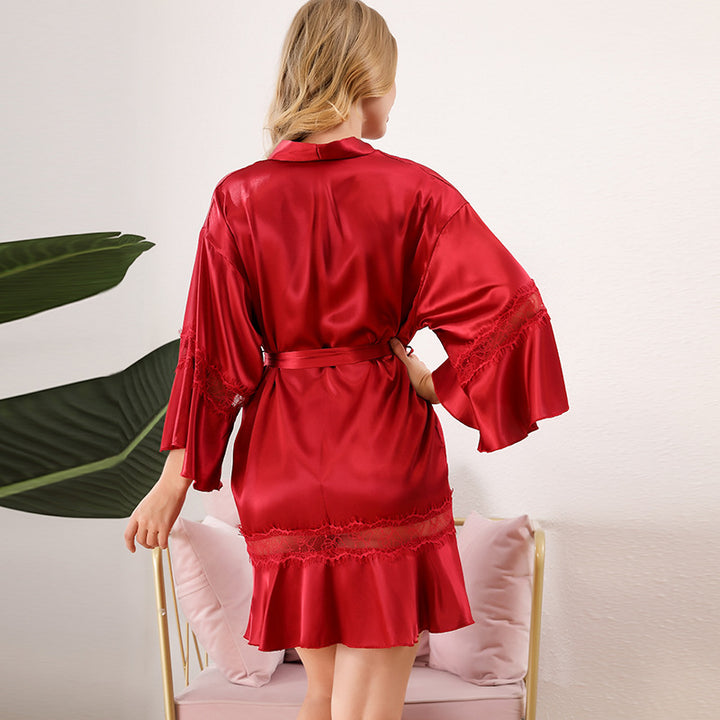Dame Satin-Kimono-robe med delikate spidselementer Stilla