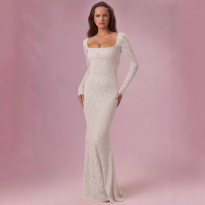 Kvinder Elegant Blonde Maxi Kjole med Skræddersyet Silhuet og Lange Ærmer Skovae