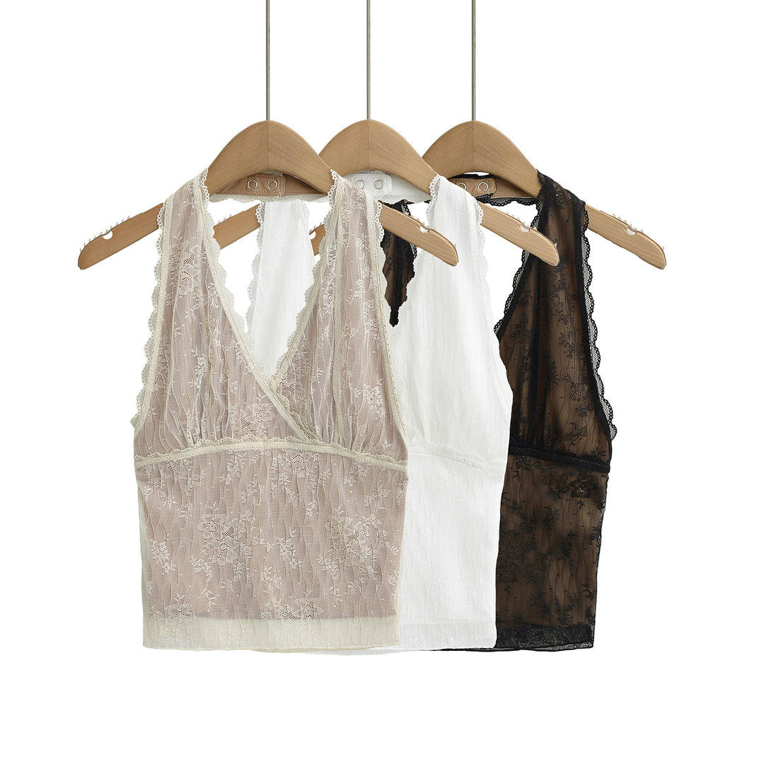 Dame spids-crop-top med dyb v-udskæring og elegante flæser detaljer Stilla