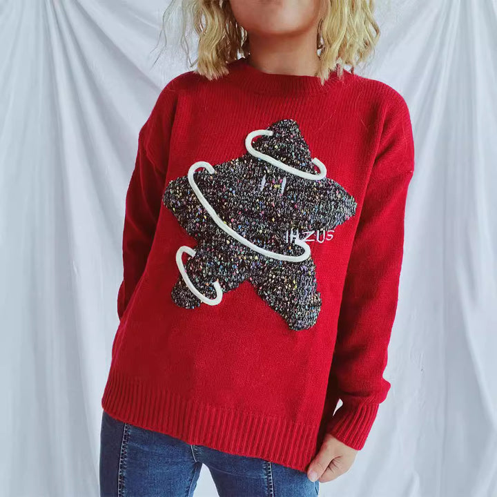 Kvindernes strikkede sweater med glitrende stjerne motiv og løs pasform Stilla