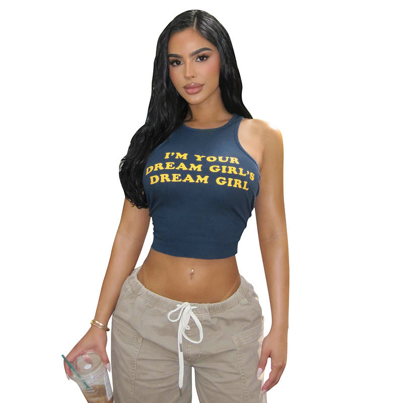 Damen Figurbetontes Crop-Top mit kreativem Schriftzug Skovae