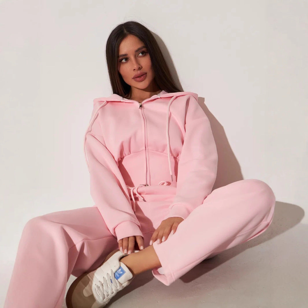Kvinders afslappede hoodie top og brede sweatpants sæt med høj talje og lynlås Skovae