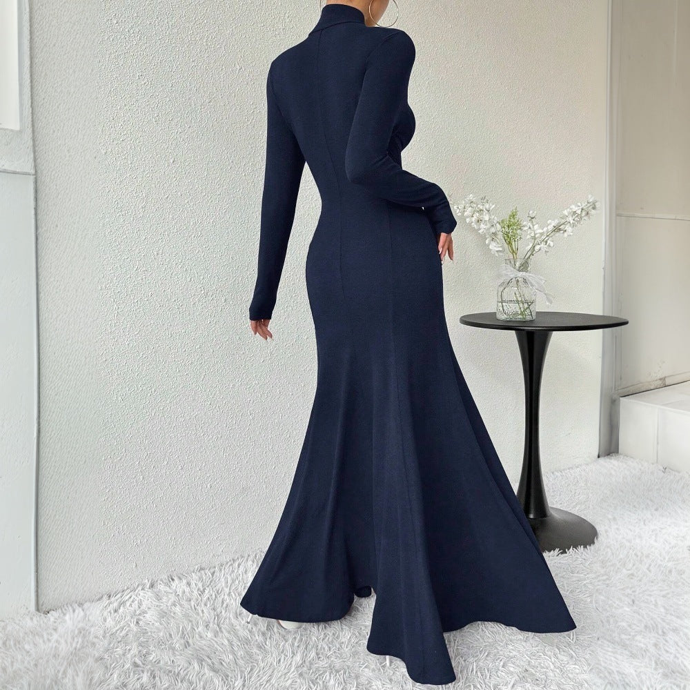 Kvinders elegante langærmet maxi kjole med høj krave og svingende kant Stilla