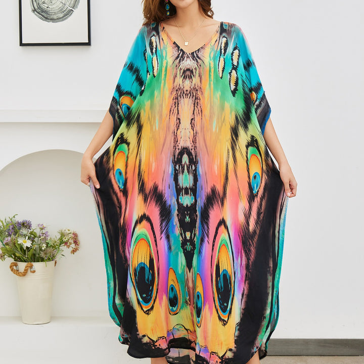 Dame Kaftan med kunstnerisk etno-mønster og elegant V-udskæring Stilla