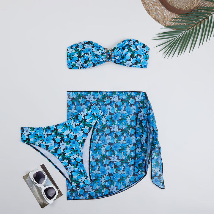 Dame bikini sæt med blomster mønster og indpaknings nederdel Stilla