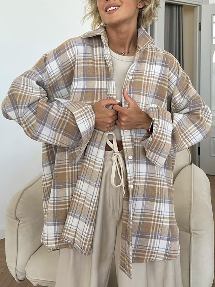 Dame flannel skjortejakke i afslappet oversized stil med ternet design Stilla