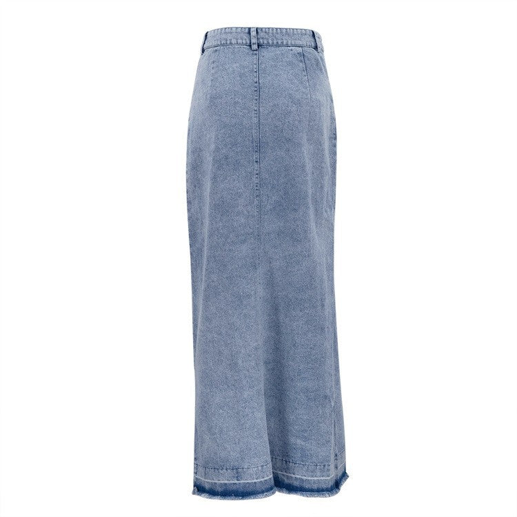 Dame Denim-maxikjole med sidelids og frynset kant Stilla