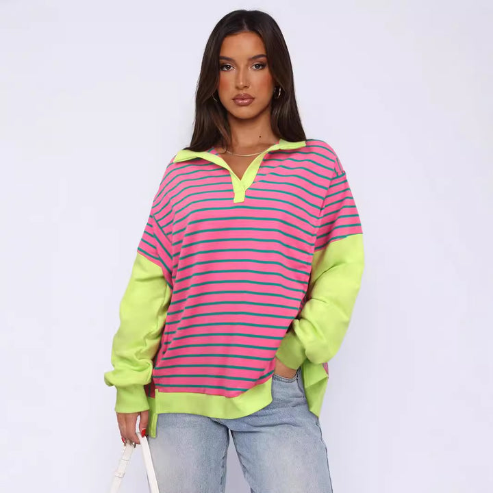 Damer Løs Sweatshirt med brede striber og moderne krave Stilla