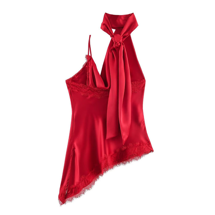 Dame elegant satin-top med asymmetrisk søm og blonde detaljer Skovae