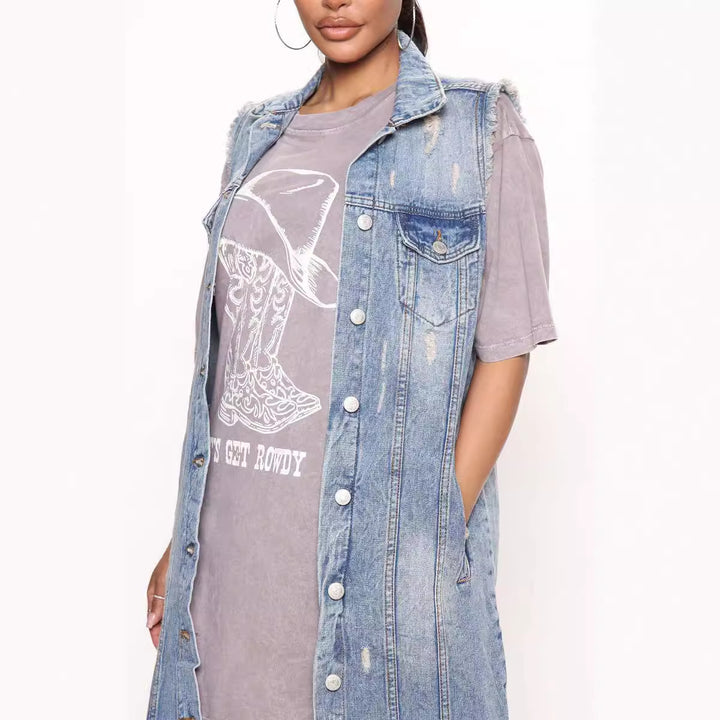 Dame Langærmet Denim- frakke med ukonventionelt design Stilla