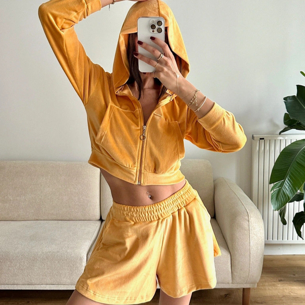 Dame casual og stilfuld fleece shorts sæt med hætte og fuld lynlås Skovae